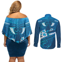 Blue Polynesia Couples Matching Off Shoulder Short Dress and Long Sleeve Button Shirt Tribal Pattern Tropical Frangipani LT14 - Polynesian Pride