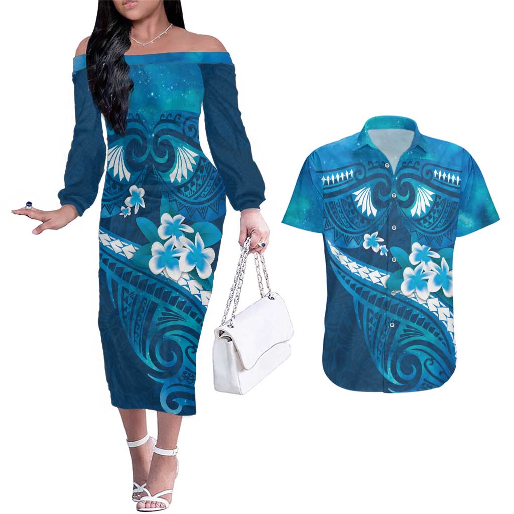 Blue Polynesia Couples Matching Off The Shoulder Long Sleeve Dress and Hawaiian Shirt Tribal Pattern Tropical Frangipani