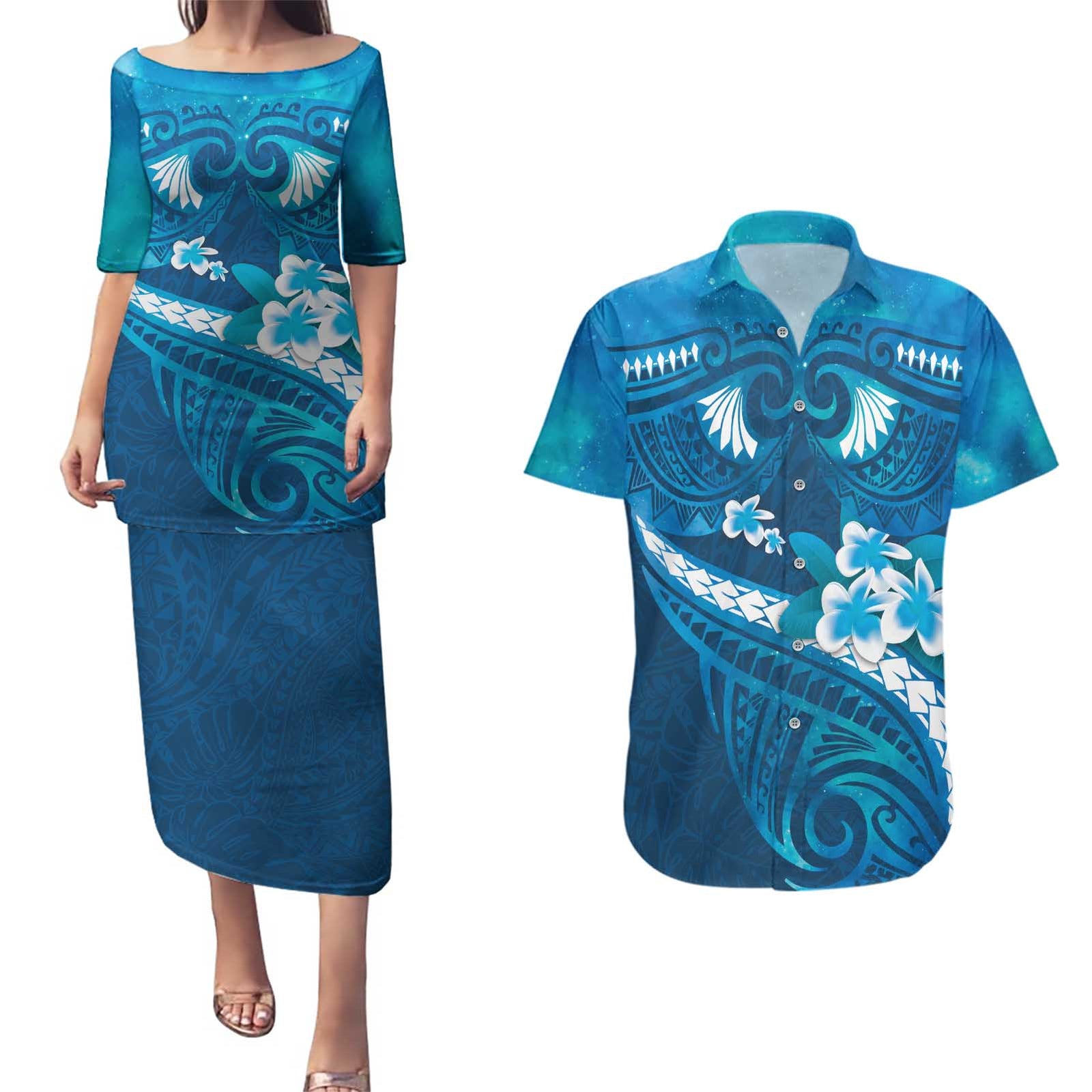 Blue Polynesia Couples Matching Puletasi and Hawaiian Shirt Tribal Pattern Tropical Frangipani LT14 Blue - Polynesian Pride