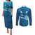 Blue Polynesia Couples Matching Puletasi and Long Sleeve Button Shirt Tribal Pattern Tropical Frangipani