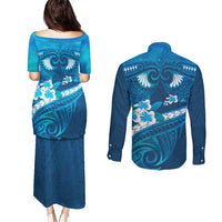 Blue Polynesia Couples Matching Puletasi and Long Sleeve Button Shirt Tribal Pattern Tropical Frangipani LT14 - Polynesian Pride