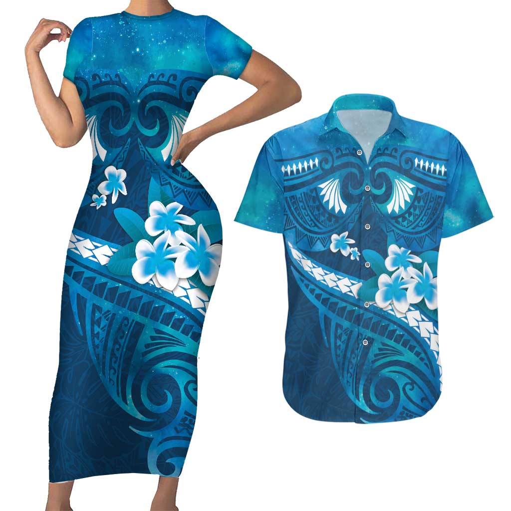 Blue Polynesia Couples Matching Short Sleeve Bodycon Dress and Hawaiian Shirt Tribal Pattern Tropical Frangipani