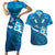 Blue Polynesia Couples Matching Short Sleeve Bodycon Dress and Hawaiian Shirt Tribal Pattern Tropical Frangipani