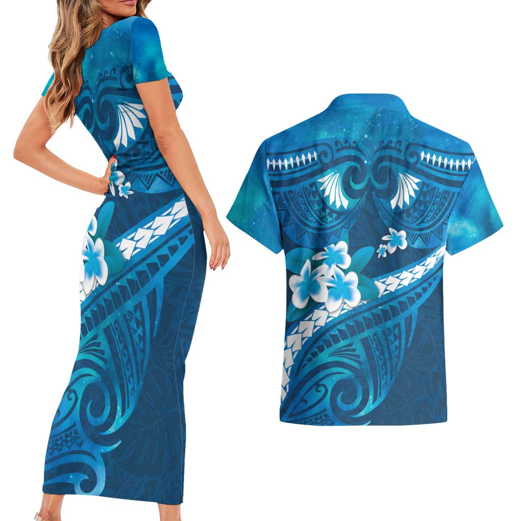 Blue Polynesia Couples Matching Short Sleeve Bodycon Dress and Hawaiian Shirt Tribal Pattern Tropical Frangipani LT14 - Polynesian Pride