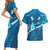 Blue Polynesia Couples Matching Short Sleeve Bodycon Dress and Hawaiian Shirt Tribal Pattern Tropical Frangipani