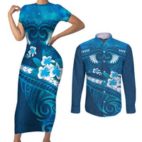 Blue Polynesia Couples Matching Short Sleeve Bodycon Dress and Long Sleeve Button Shirt Tribal Pattern Tropical Frangipani LT14 Blue - Polynesian Pride