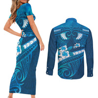 Blue Polynesia Couples Matching Short Sleeve Bodycon Dress and Long Sleeve Button Shirt Tribal Pattern Tropical Frangipani LT14 - Polynesian Pride