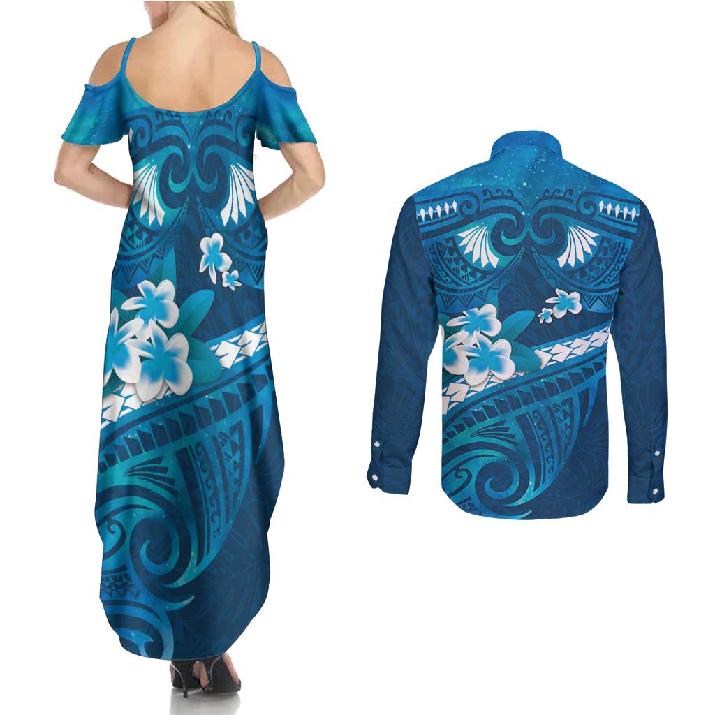 Blue Polynesia Couples Matching Summer Maxi Dress and Long Sleeve Button Shirt Tribal Pattern Tropical Frangipani LT14 - Polynesian Pride