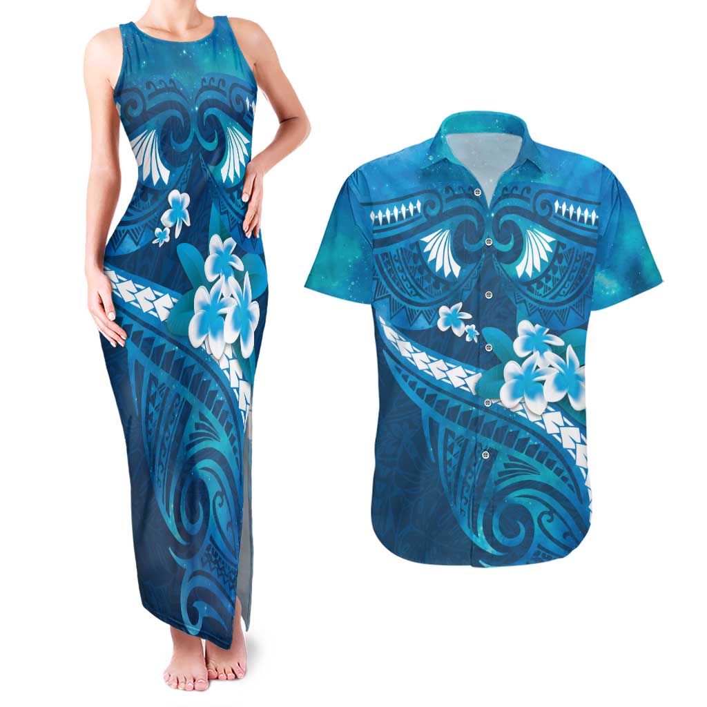 Blue Polynesia Couples Matching Tank Maxi Dress and Hawaiian Shirt Tribal Pattern Tropical Frangipani LT14 Blue - Polynesian Pride