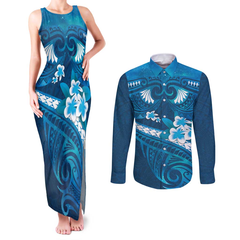 Blue Polynesia Couples Matching Tank Maxi Dress and Long Sleeve Button Shirt Tribal Pattern Tropical Frangipani