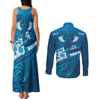 Blue Polynesia Couples Matching Tank Maxi Dress and Long Sleeve Button Shirt Tribal Pattern Tropical Frangipani LT14 - Polynesian Pride