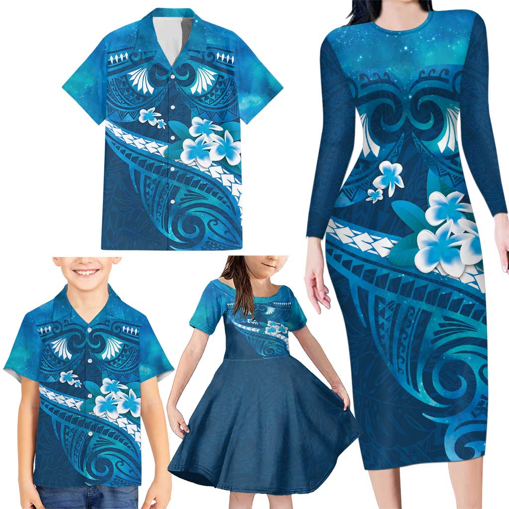 Blue Polynesia Family Matching Long Sleeve Bodycon Dress and Hawaiian Shirt Tribal Pattern Tropical Frangipani
