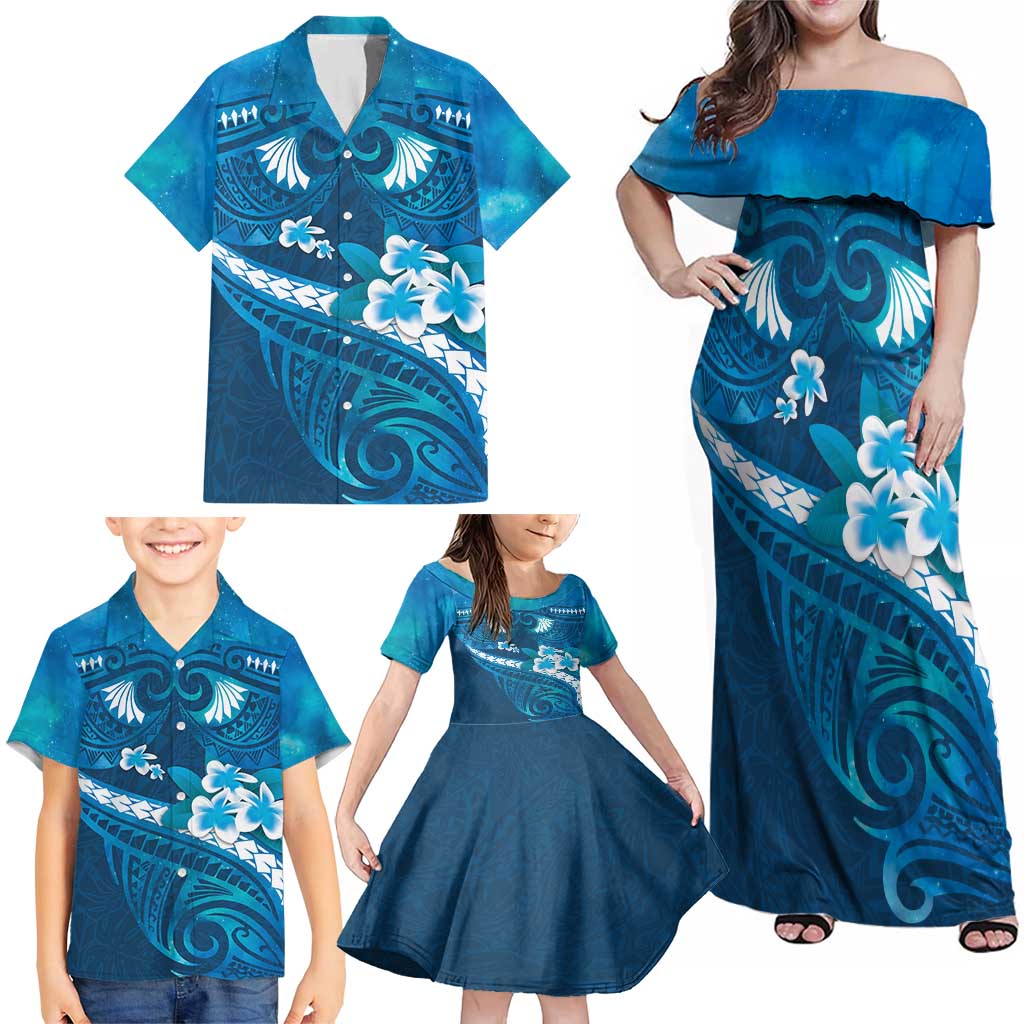 Blue Polynesia Family Matching Off Shoulder Maxi Dress and Hawaiian Shirt Tribal Pattern Tropical Frangipani LT14 - Polynesian Pride