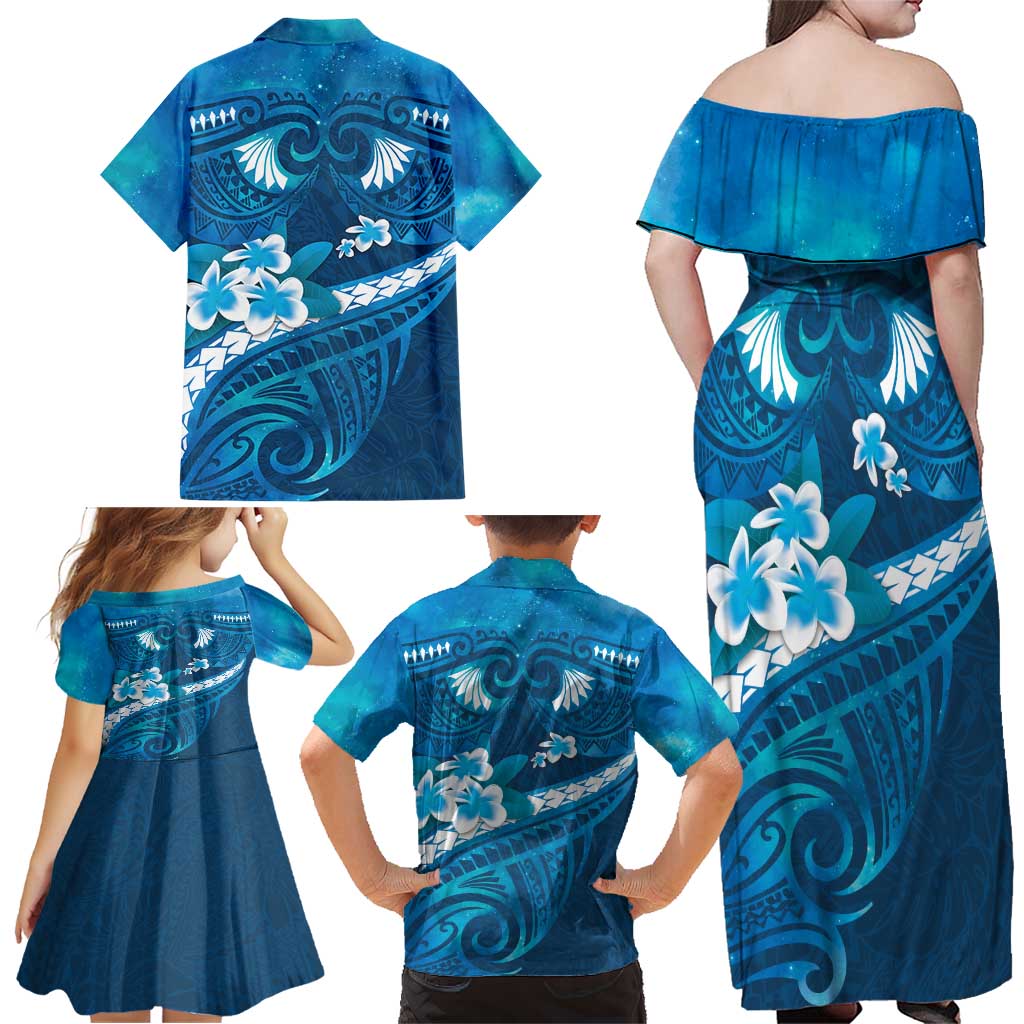 Blue Polynesia Family Matching Off Shoulder Maxi Dress and Hawaiian Shirt Tribal Pattern Tropical Frangipani LT14 - Polynesian Pride