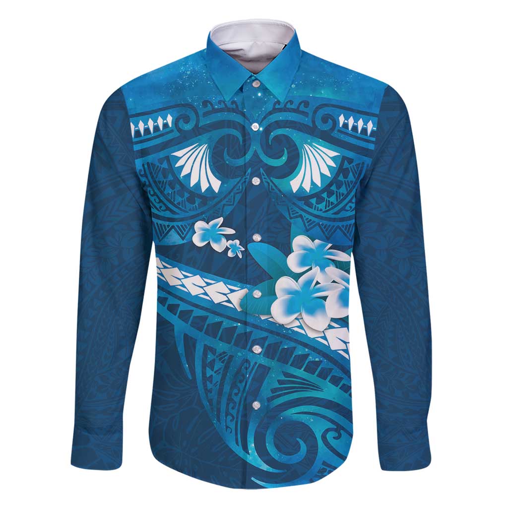 Blue Polynesia Family Matching Off Shoulder Maxi Dress and Hawaiian Shirt Tribal Pattern Tropical Frangipani LT14 Dad's Shirt - Long Sleeve Blue - Polynesian Pride