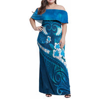 Blue Polynesia Family Matching Off Shoulder Maxi Dress and Hawaiian Shirt Tribal Pattern Tropical Frangipani LT14 Mom's Dress Blue - Polynesian Pride