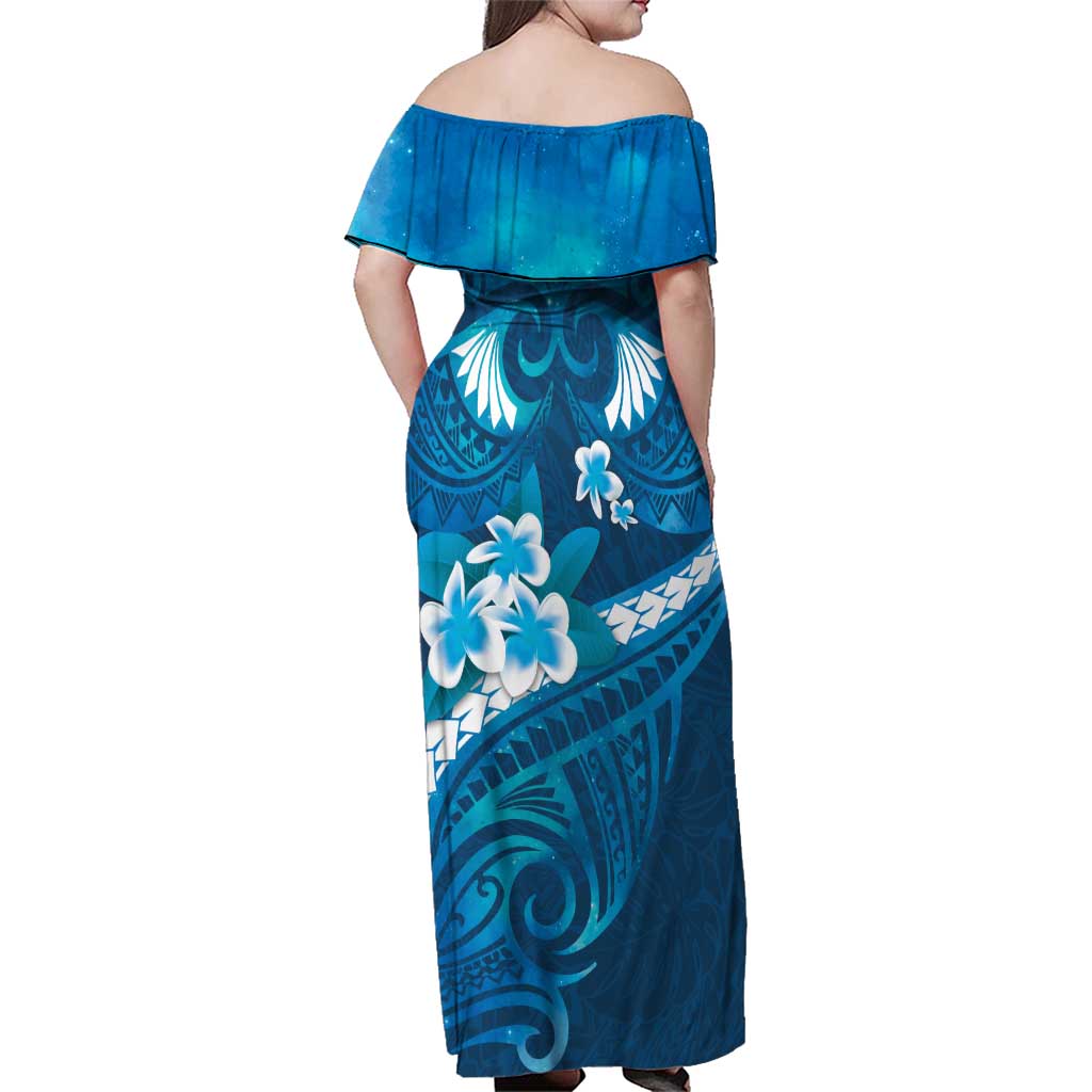 Blue Polynesia Family Matching Off Shoulder Maxi Dress and Hawaiian Shirt Tribal Pattern Tropical Frangipani LT14 - Polynesian Pride