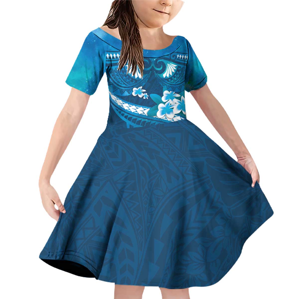 Blue Polynesia Family Matching Off Shoulder Short Dress and Hawaiian Shirt Tribal Pattern Tropical Frangipani LT14 Daughter's Dress Blue - Polynesian Pride