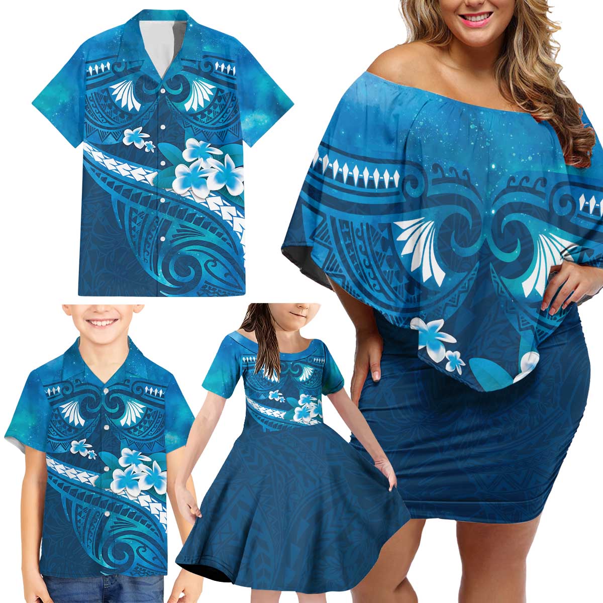 Blue Polynesia Family Matching Off Shoulder Short Dress and Hawaiian Shirt Tribal Pattern Tropical Frangipani LT14 - Polynesian Pride