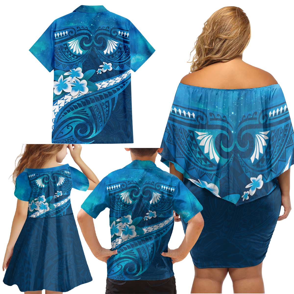 Blue Polynesia Family Matching Off Shoulder Short Dress and Hawaiian Shirt Tribal Pattern Tropical Frangipani LT14 - Polynesian Pride