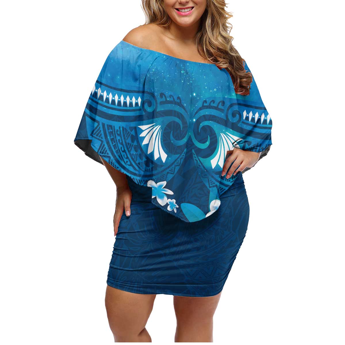 Blue Polynesia Family Matching Off Shoulder Short Dress and Hawaiian Shirt Tribal Pattern Tropical Frangipani LT14 Mom's Dress Blue - Polynesian Pride