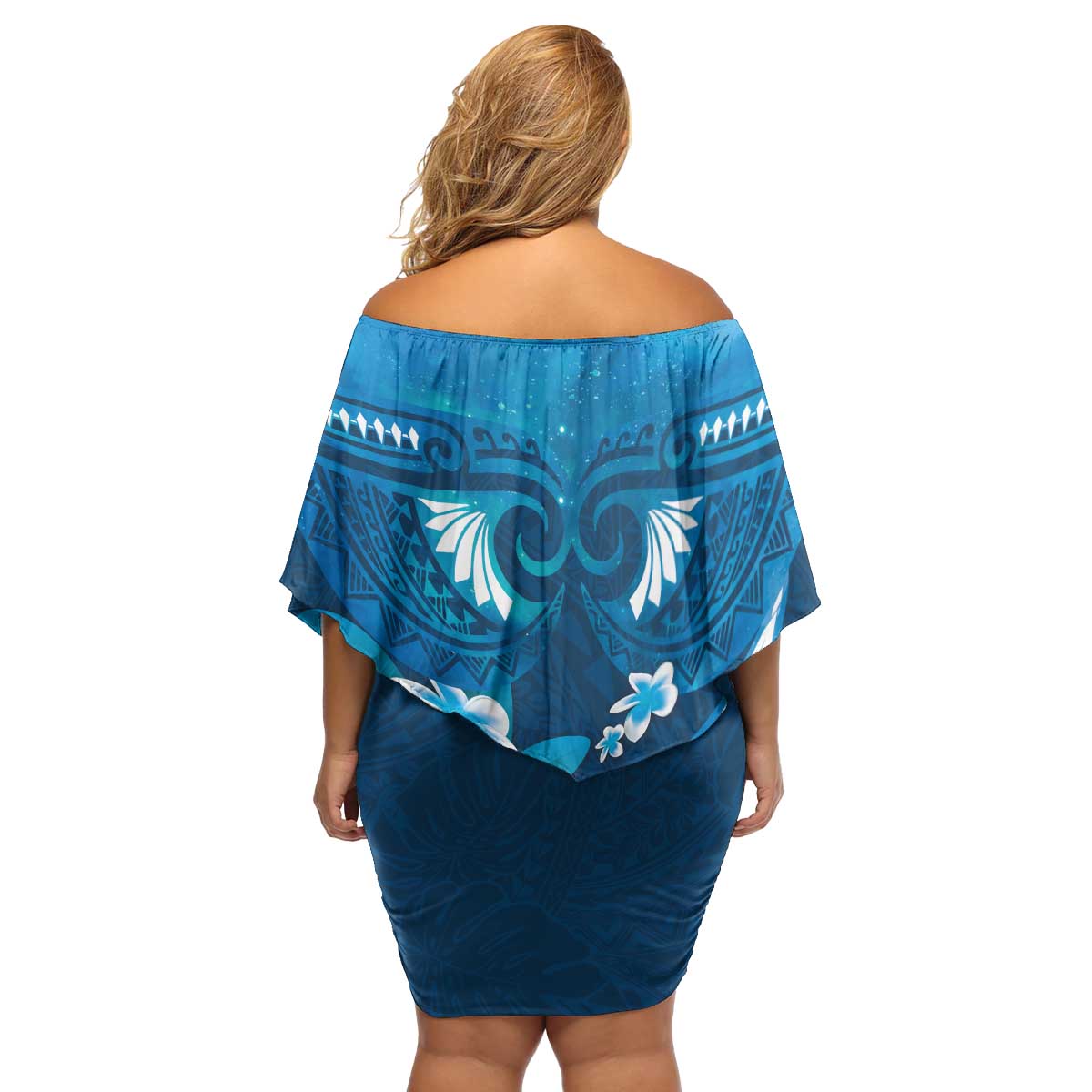 Blue Polynesia Family Matching Off Shoulder Short Dress and Hawaiian Shirt Tribal Pattern Tropical Frangipani LT14 - Polynesian Pride