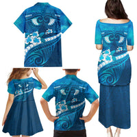 Blue Polynesia Family Matching Puletasi and Hawaiian Shirt Tribal Pattern Tropical Frangipani LT14 - Polynesian Pride