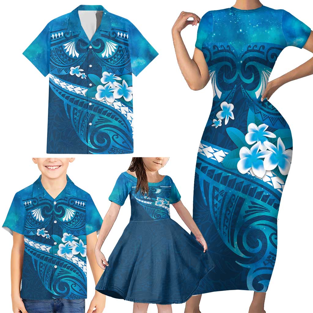 Blue Polynesia Family Matching Short Sleeve Bodycon Dress and Hawaiian Shirt Tribal Pattern Tropical Frangipani