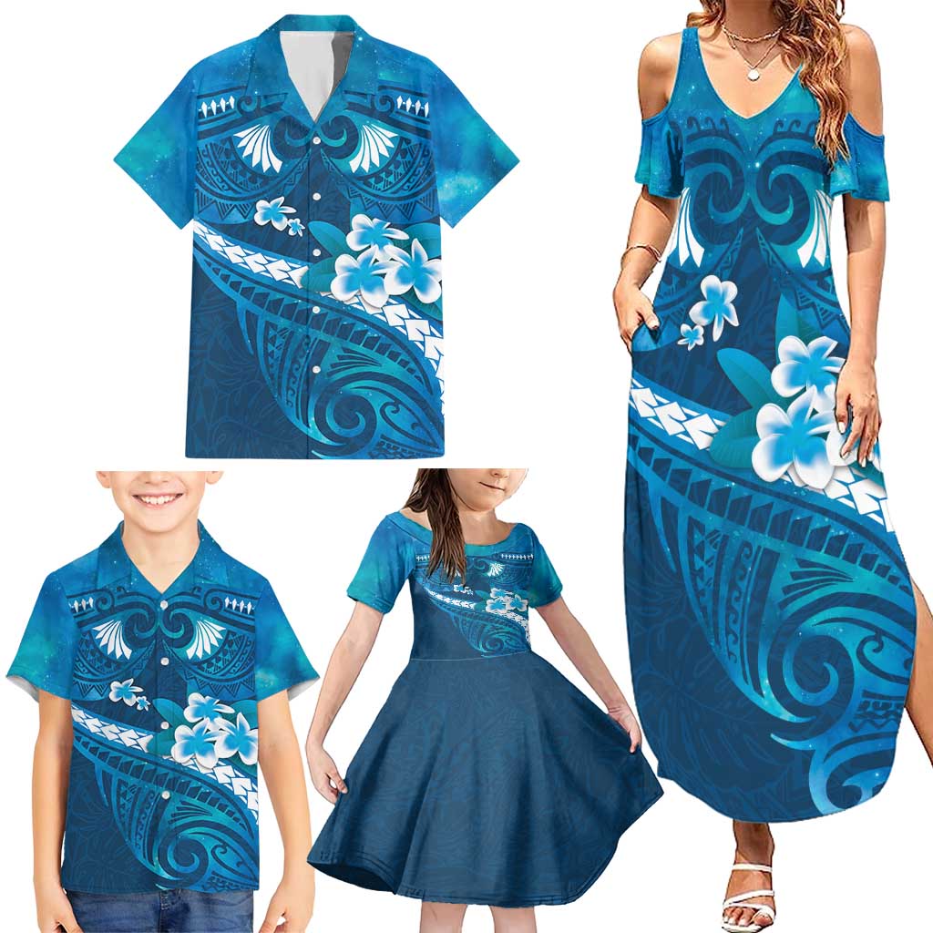 Blue Polynesia Family Matching Summer Maxi Dress and Hawaiian Shirt Tribal Pattern Tropical Frangipani