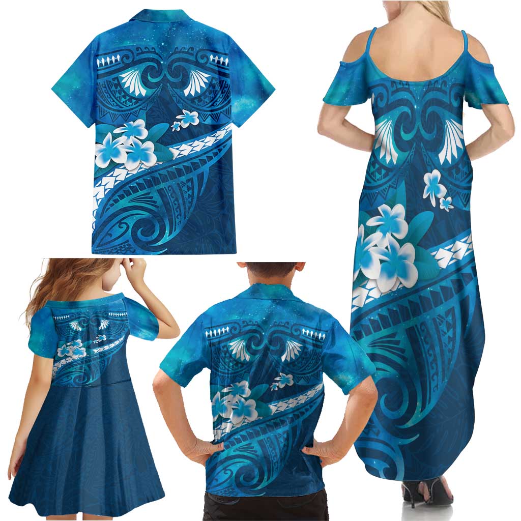 Blue Polynesia Family Matching Summer Maxi Dress and Hawaiian Shirt Tribal Pattern Tropical Frangipani LT14 - Polynesian Pride