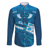 Blue Polynesia Family Matching Summer Maxi Dress and Hawaiian Shirt Tribal Pattern Tropical Frangipani LT14 Dad's Shirt - Long Sleeve Blue - Polynesian Pride
