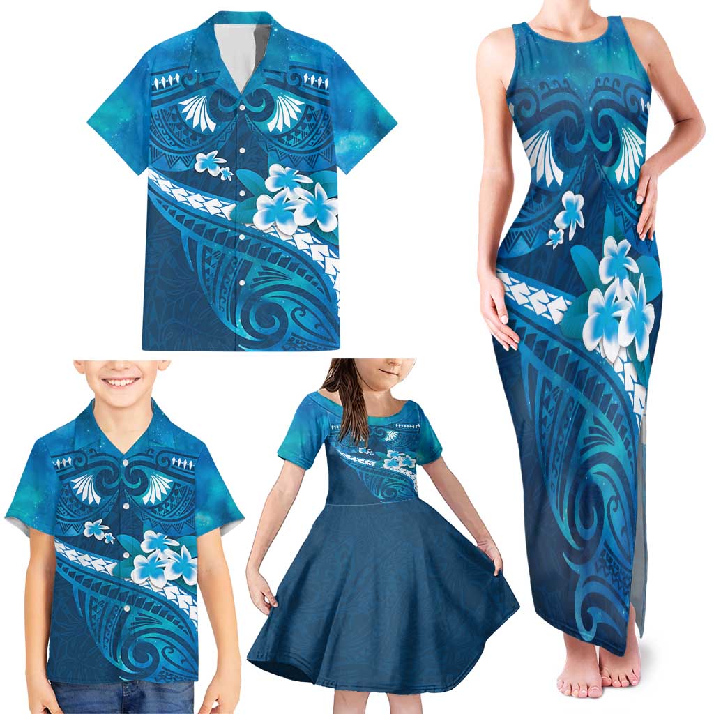 Blue Polynesia Family Matching Tank Maxi Dress and Hawaiian Shirt Tribal Pattern Tropical Frangipani