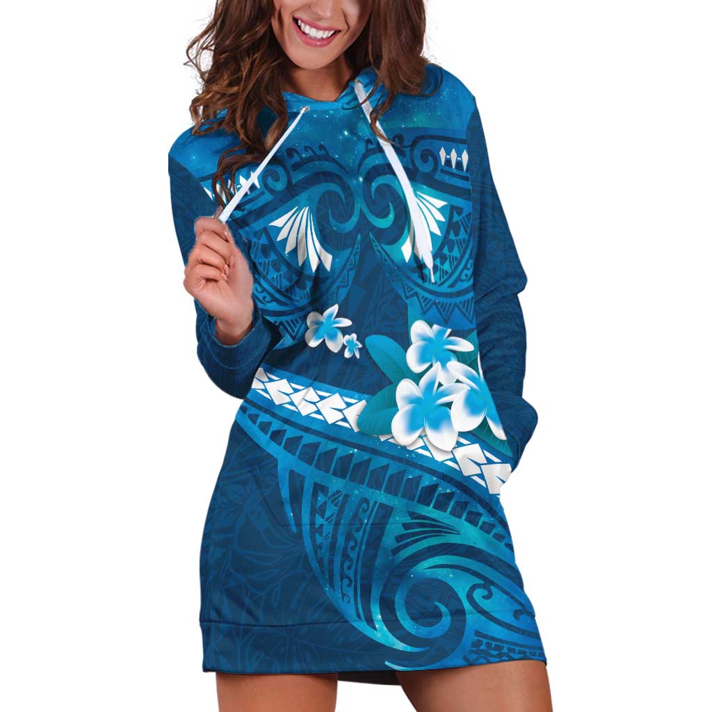 Blue Polynesia Hoodie Dress Tribal Pattern Tropical Frangipani LT14 Blue - Polynesian Pride