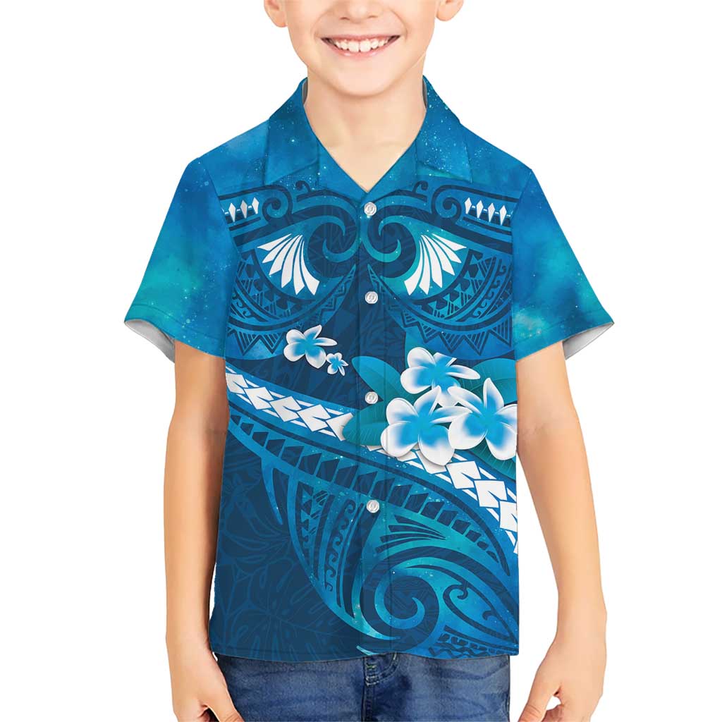 Blue Polynesia Kid Hawaiian Shirt Tribal Pattern Tropical Frangipani