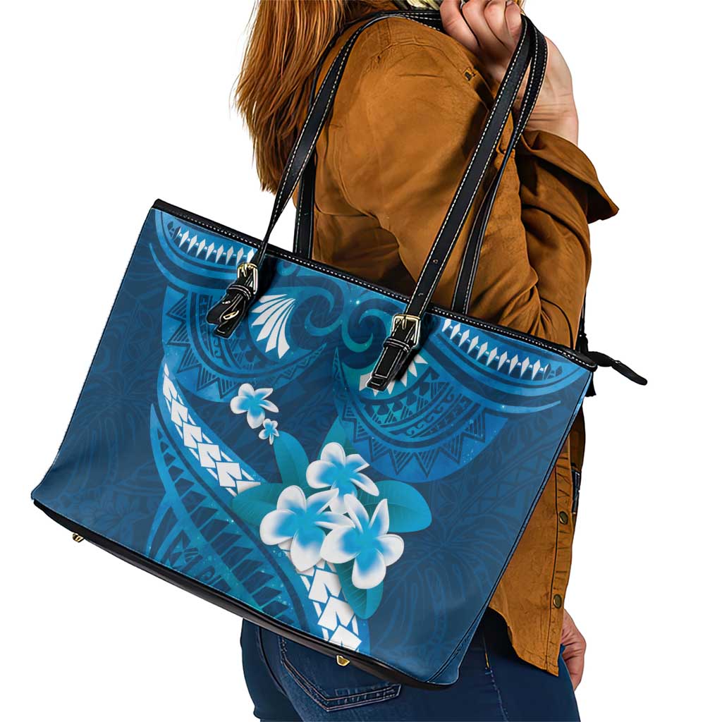 Blue Polynesia Leather Tote Bag Tribal Pattern Tropical Frangipani LT14 - Polynesian Pride