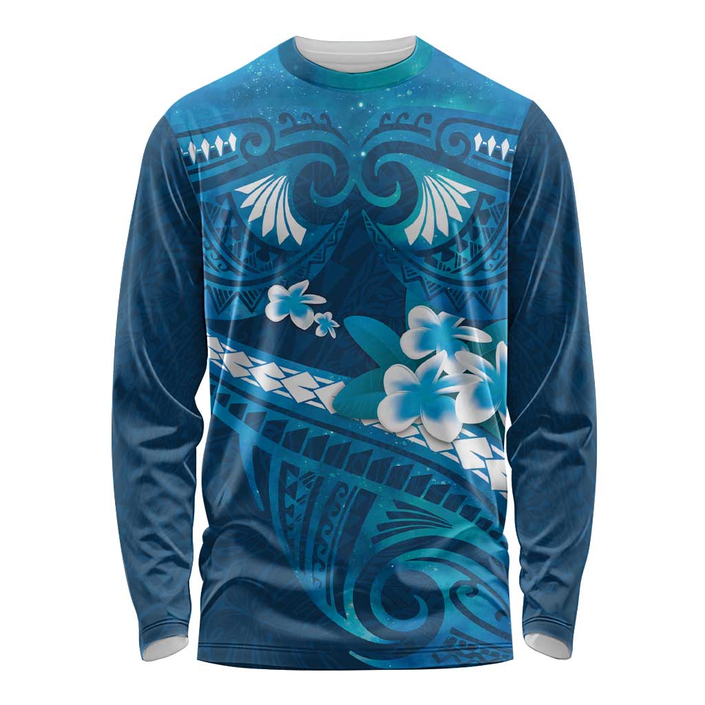 Blue Polynesia Long Sleeve Shirt Tribal Pattern Tropical Frangipani