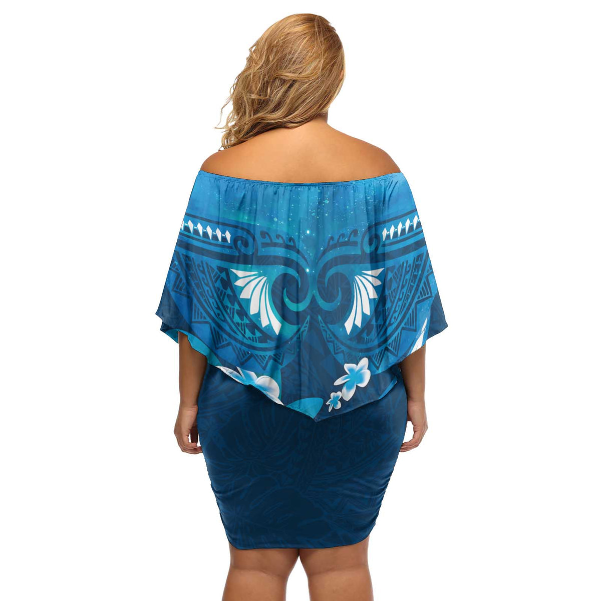 Blue Polynesia Off Shoulder Short Dress Tribal Pattern Tropical Frangipani LT14 - Polynesian Pride