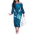 Blue Polynesia Off The Shoulder Long Sleeve Dress Tribal Pattern Tropical Frangipani