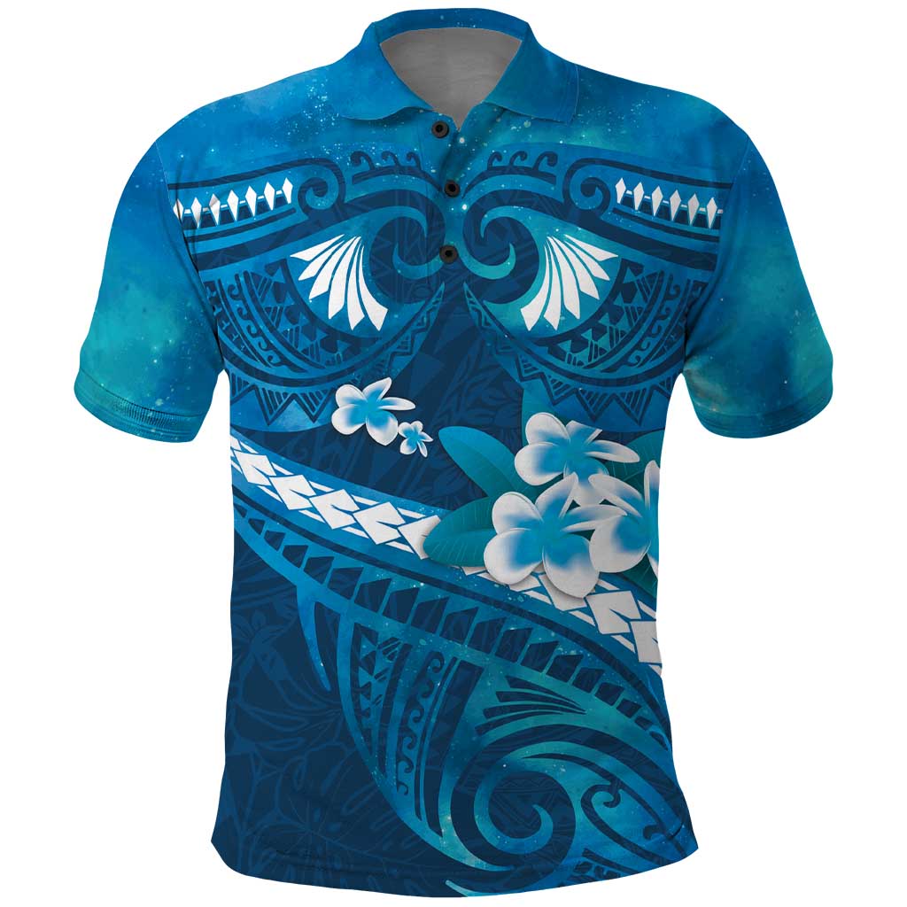 Blue Polynesia Polo Shirt Tribal Pattern Tropical Frangipani