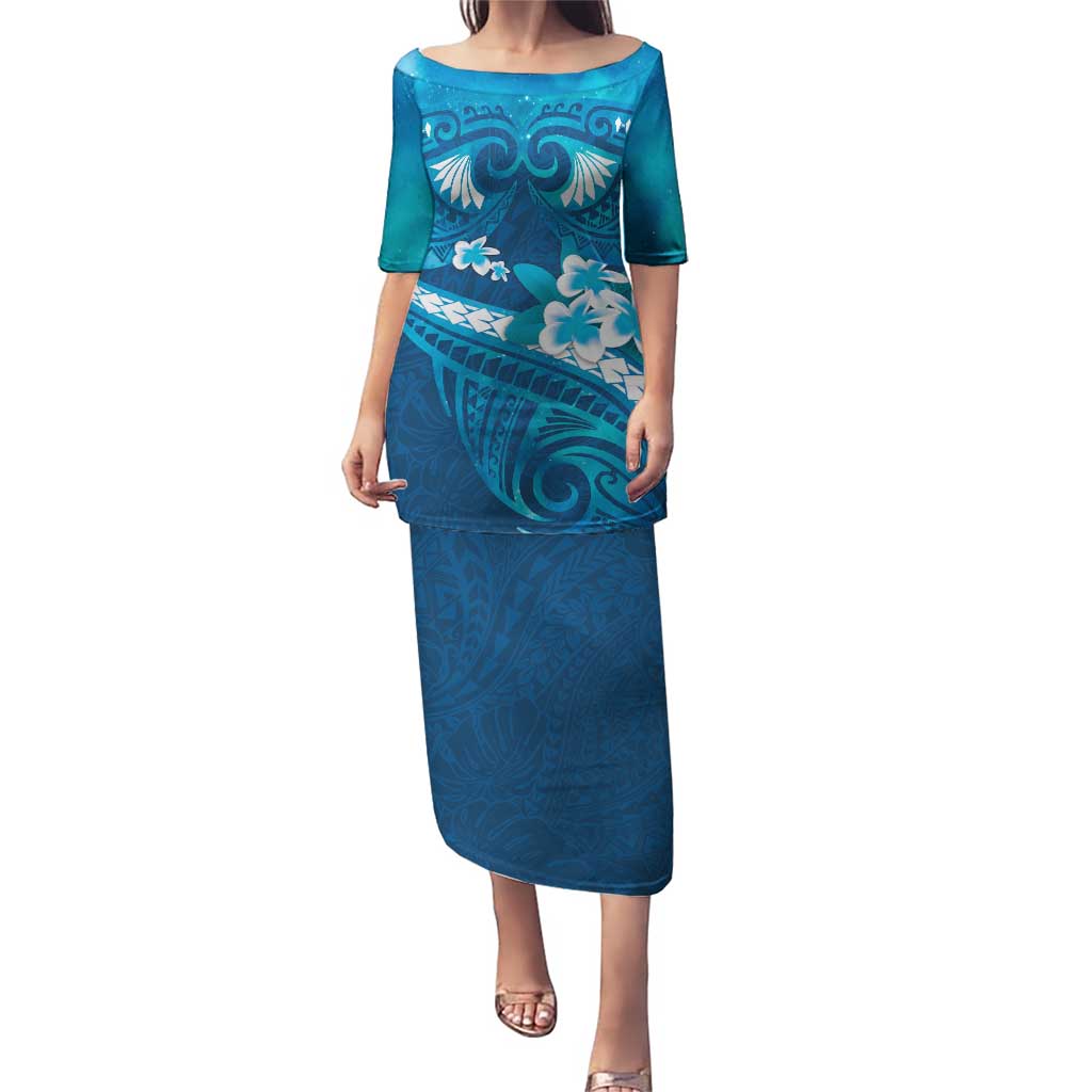 Blue Polynesia Puletasi Tribal Pattern Tropical Frangipani LT14 Long Dress Blue - Polynesian Pride