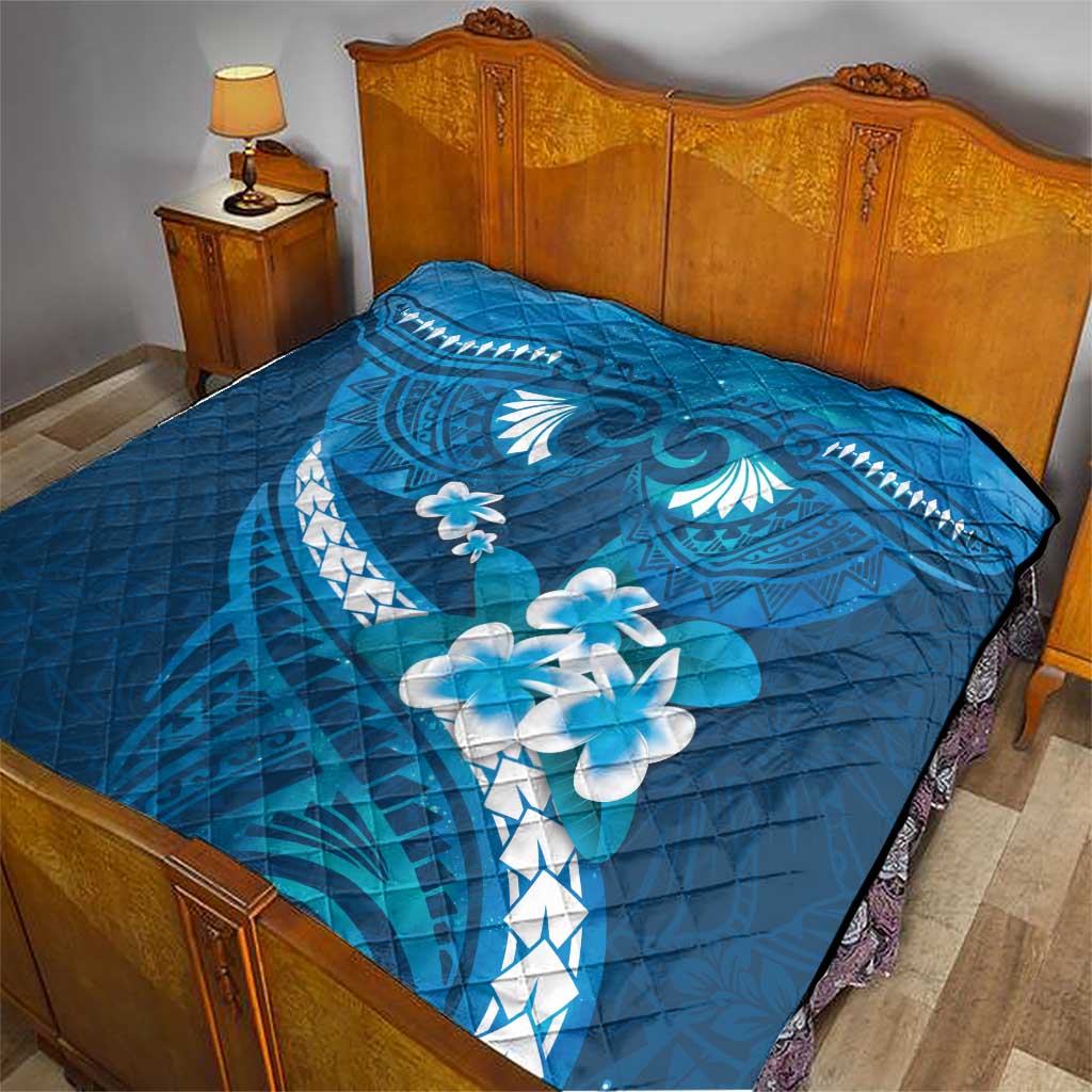 Blue Polynesia Quilt Tribal Pattern Tropical Frangipani