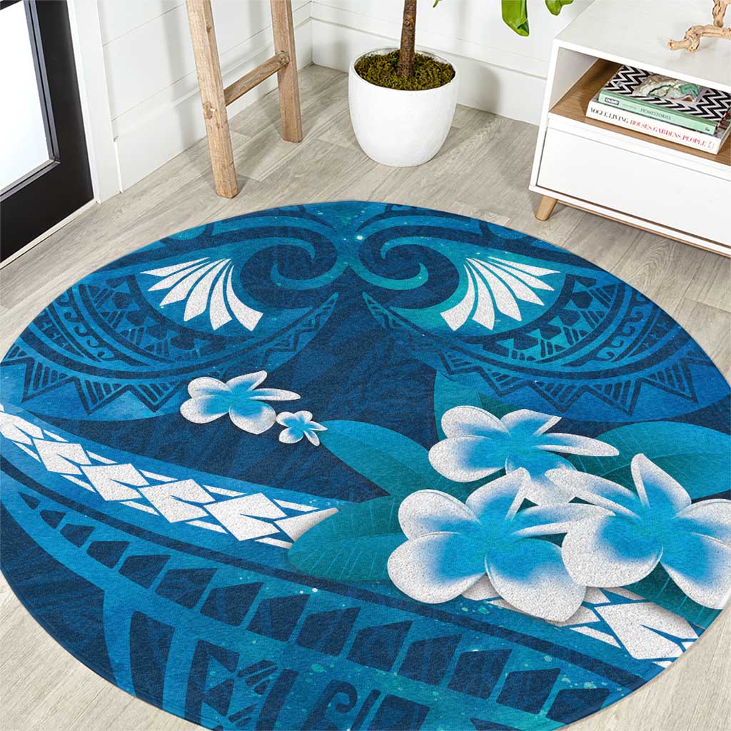 Blue Polynesia Round Carpet Tribal Pattern Tropical Frangipani