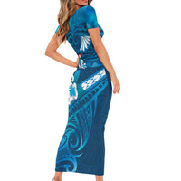 Blue Polynesia Short Sleeve Bodycon Dress Tribal Pattern Tropical Frangipani