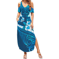 Blue Polynesia Summer Maxi Dress Tribal Pattern Tropical Frangipani LT14 Women Blue - Polynesian Pride
