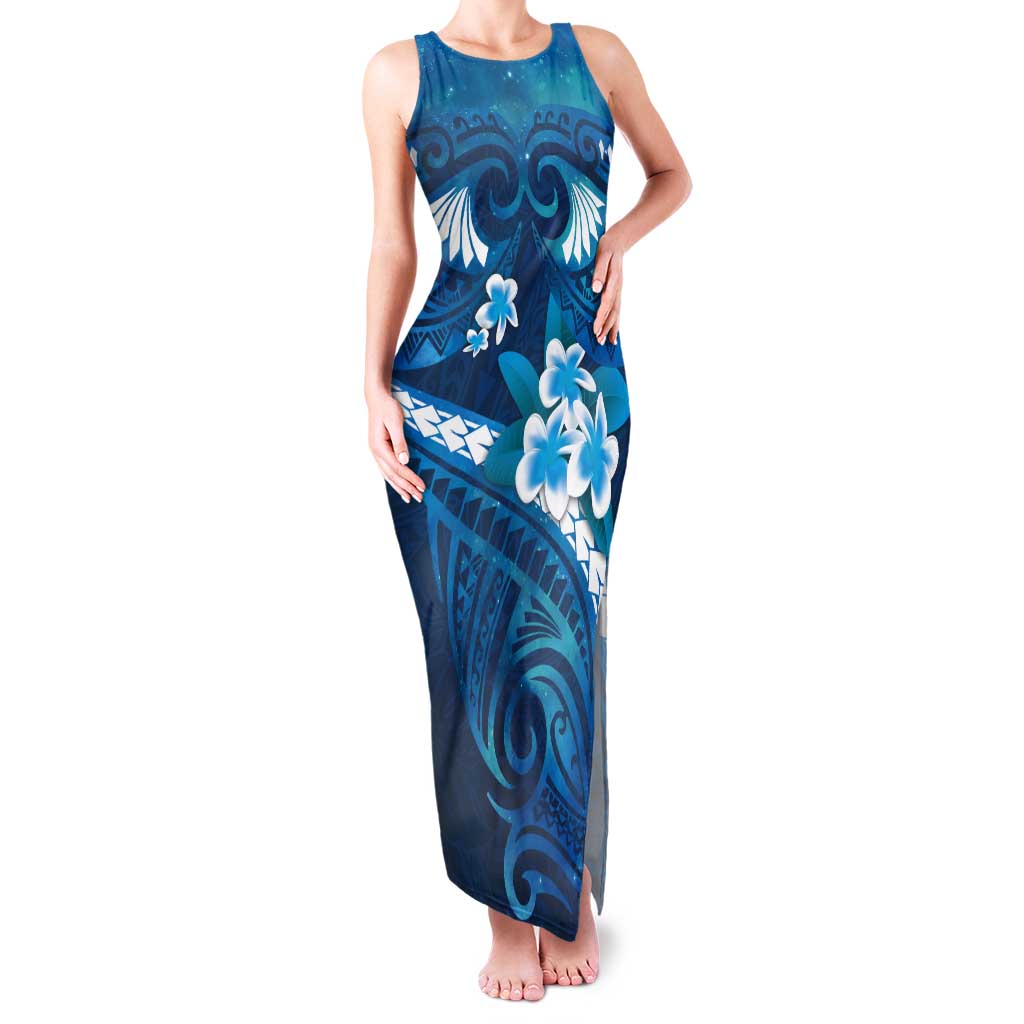 Blue Polynesia Tank Maxi Dress Tribal Pattern Tropical Frangipani