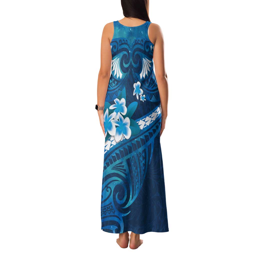 Blue Polynesia Tank Maxi Dress Tribal Pattern Tropical Frangipani LT14 - Polynesian Pride