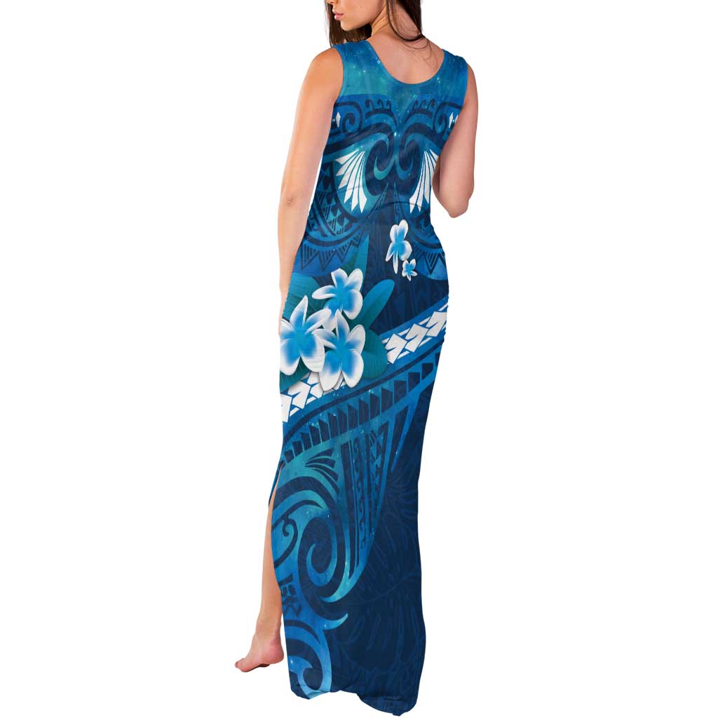Blue Polynesia Tank Maxi Dress Tribal Pattern Tropical Frangipani LT14 - Polynesian Pride