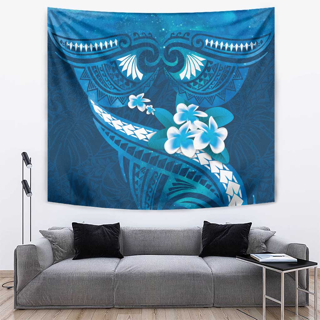 Blue Polynesia Tapestry Tribal Pattern Tropical Frangipani