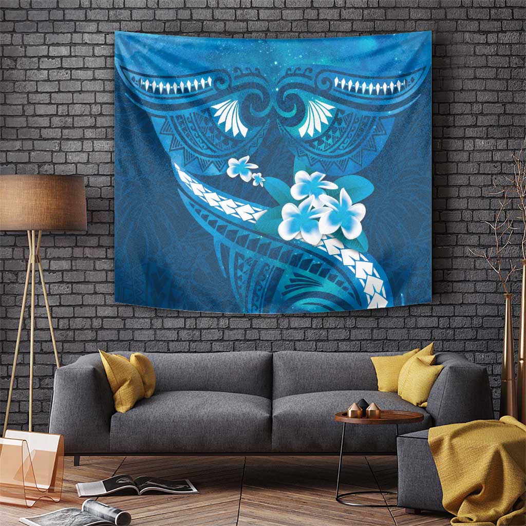 Blue Polynesia Tapestry Tribal Pattern Tropical Frangipani