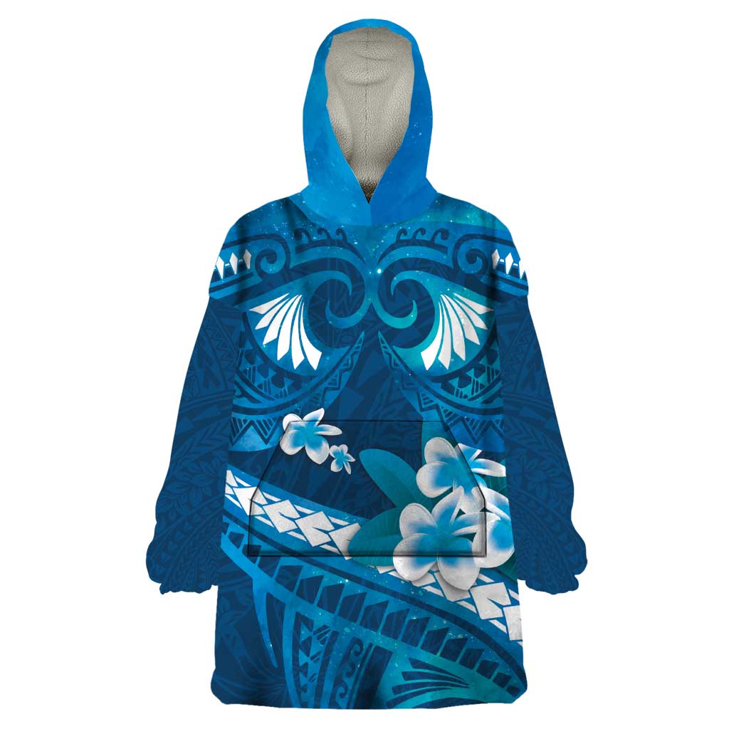 Blue Polynesia Wearable Blanket Hoodie Tribal Pattern Tropical Frangipani LT14 One Size Blue - Polynesian Pride